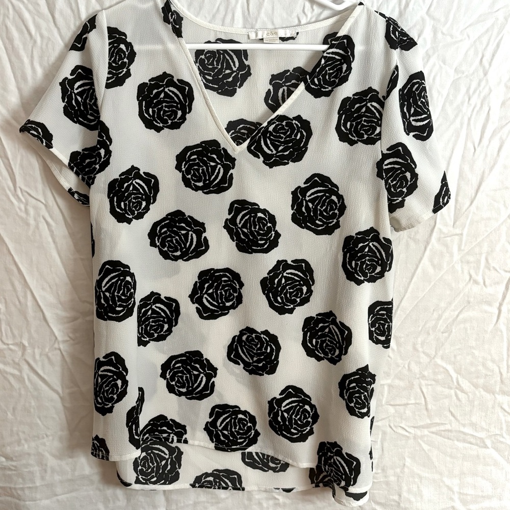 White Blouse Black Rose Print Blouse